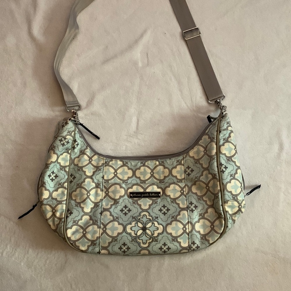 Petunia pickle bottom TOURING TOTE BAG turquoise and gray pattern 18x10